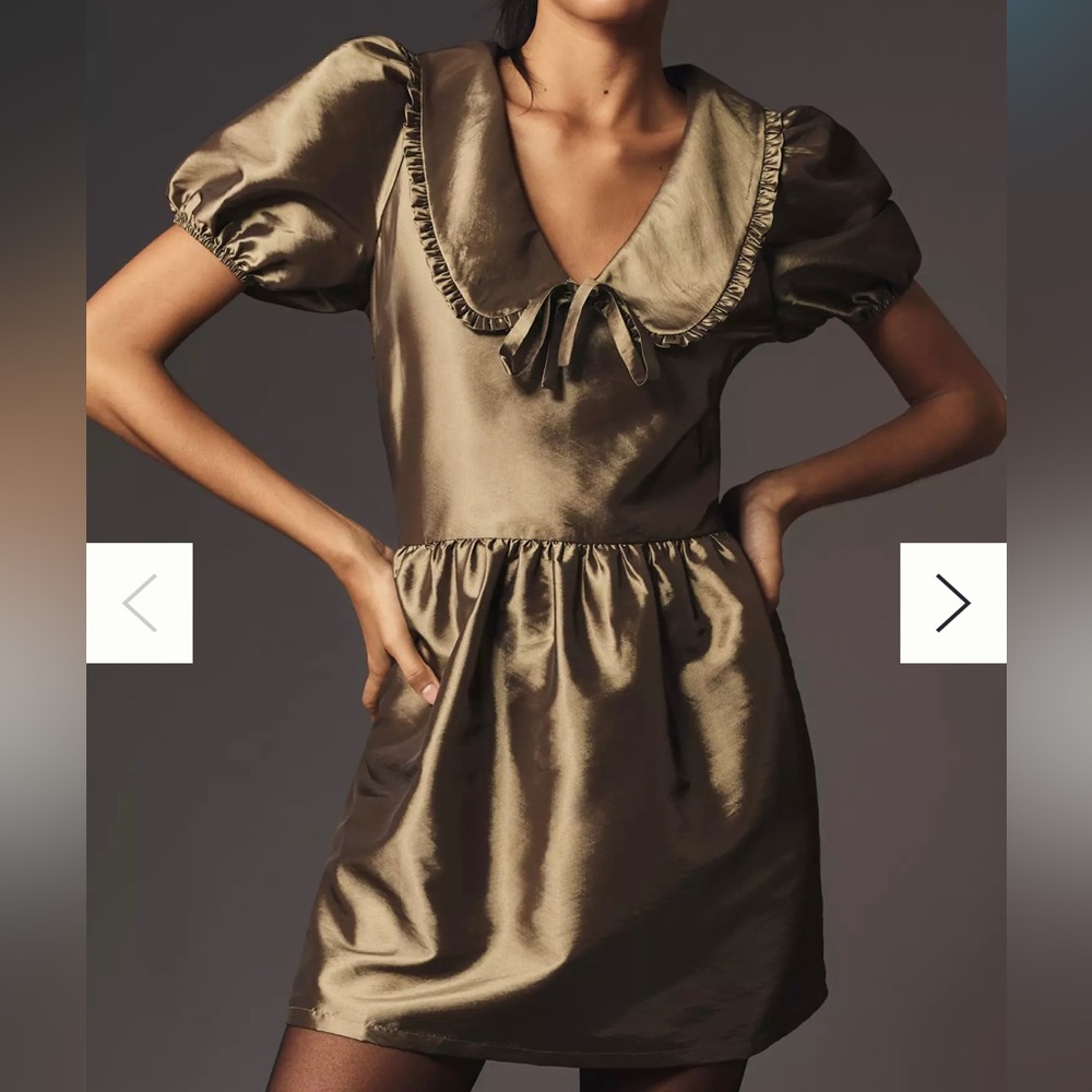 Anthropologie Porridge Short-Sleeve Collared Taffetta Mini Dress